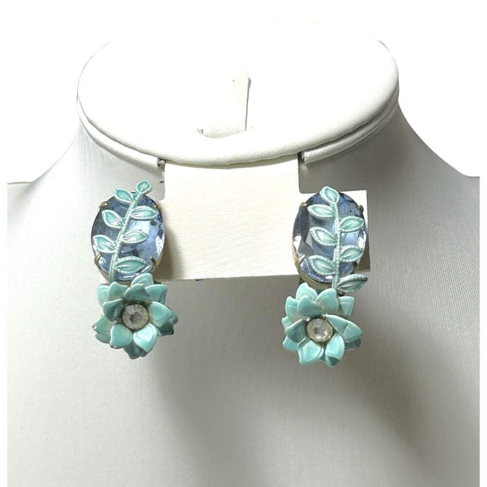 Vintage Glass And Enamel Earrings Blue Clip On Floral Vines Spring - Picture 10 of 11